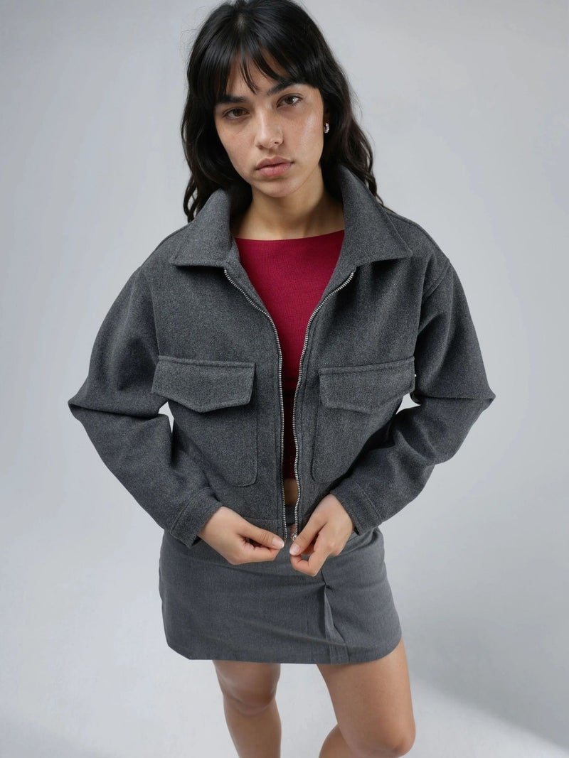 BUSEM Crop Gabardine Jacket with Zipper and Pocket - Image 2